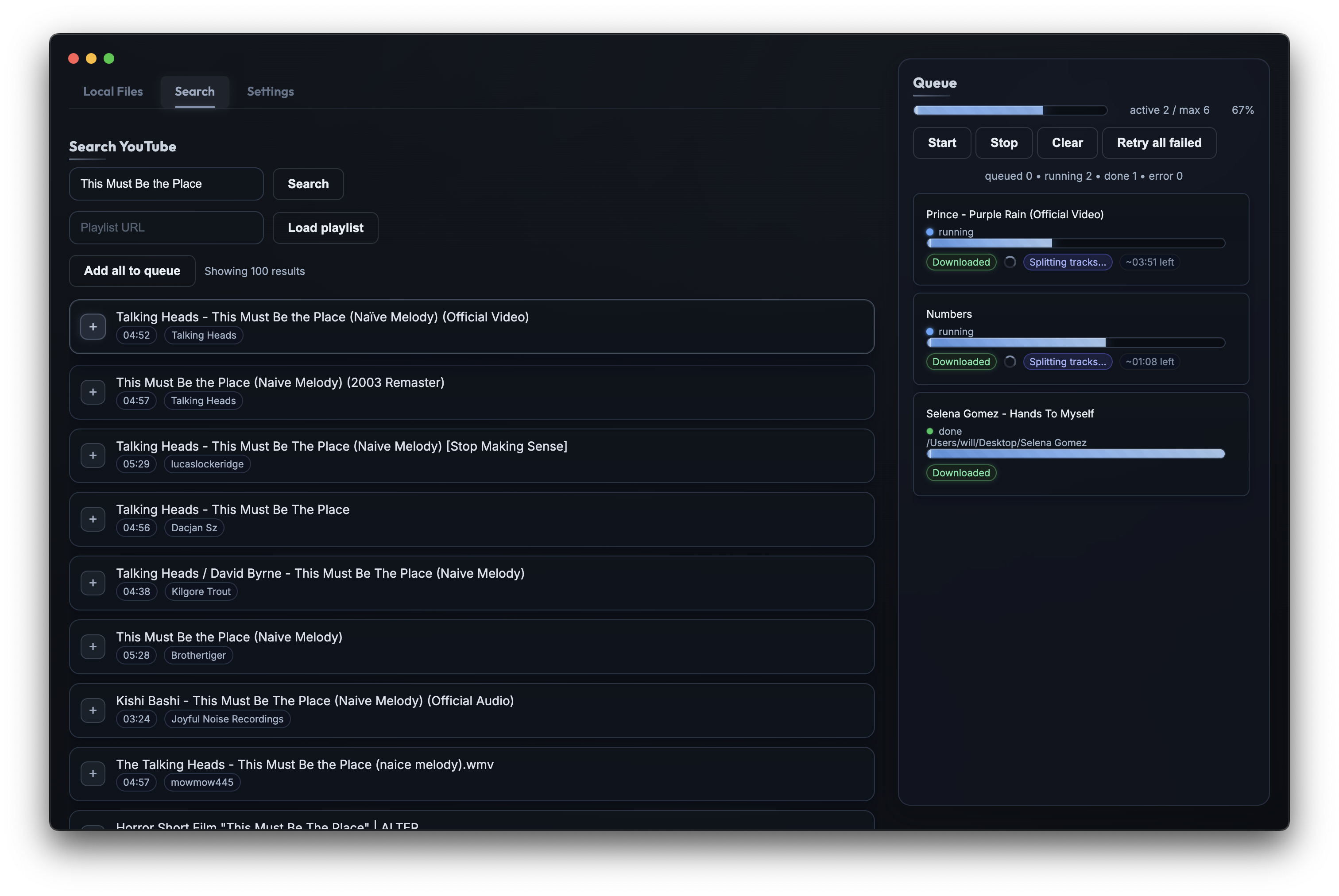 Splitboy app interface showing YouTube search and download queue